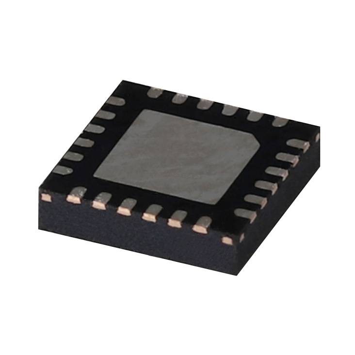 Een vierkante elektronische chip met meerdere aansluitingen aan de zijkanten, gebruikt voor het besturen of verwerken van elektronische signalen.