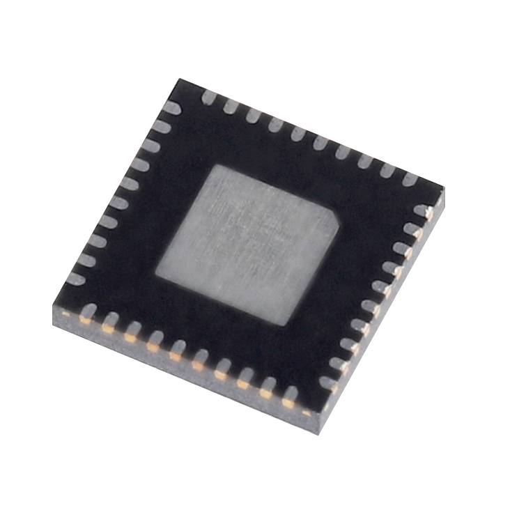 Een vierkante microchip met talrijke pinnen aan de zijkanten, gebruikt in elektronische apparaten voor besturings- en rekenprocessen.