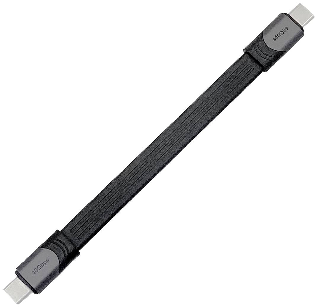 Een zwarte USB-C naar USB-C kabel met de aanduiding '40 Gbps' op de aansluitingen, geschikt voor snelle gegevensoverdracht.