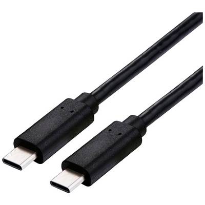 Zwart USB-C-kabel met twee aansluitingen, geschikt voor gegevensoverdracht en het opladen van apparaten.