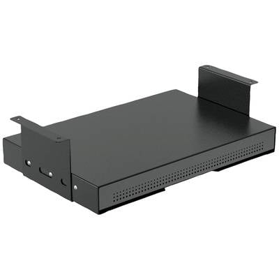 Een zwart metalen rek voor serverkasten, met geventileerde voorkant en zijdelingse bevestigingsbeugels.