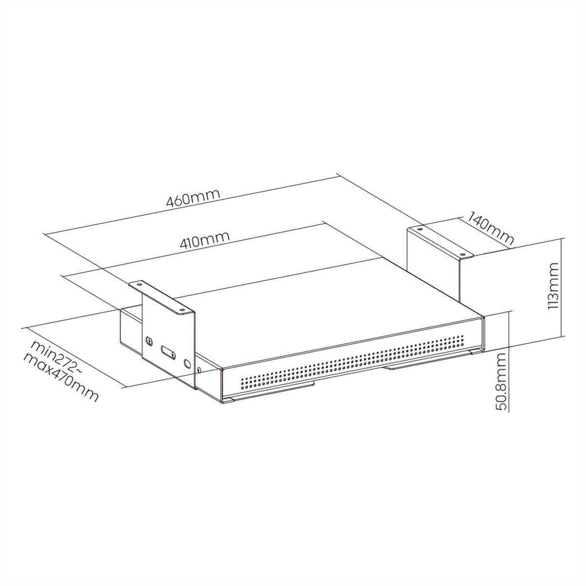 Technische tekening van een rechthoekig apparaat met afmetingen: breedte 460 mm, diepte 410 mm, hoogte 50,8 mm. Zijhouder: 113 mm hoog.