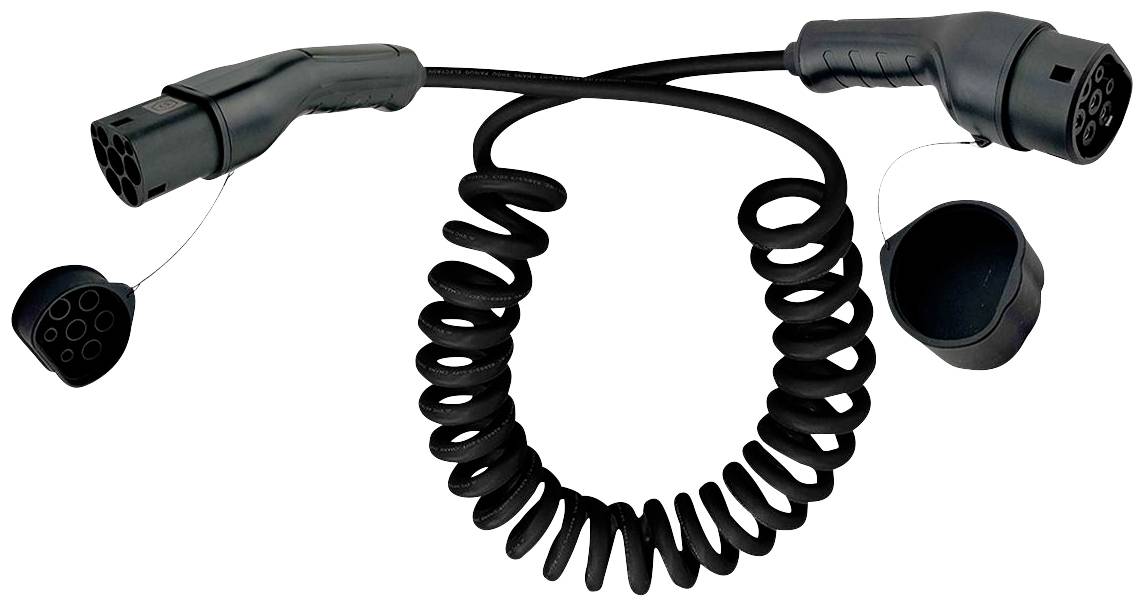 Laadkabel voor elektrische voertuigen met spiraalvormige kabel en twee aansluitingen, een Type-2-koppeling en een Type-2-stekker.