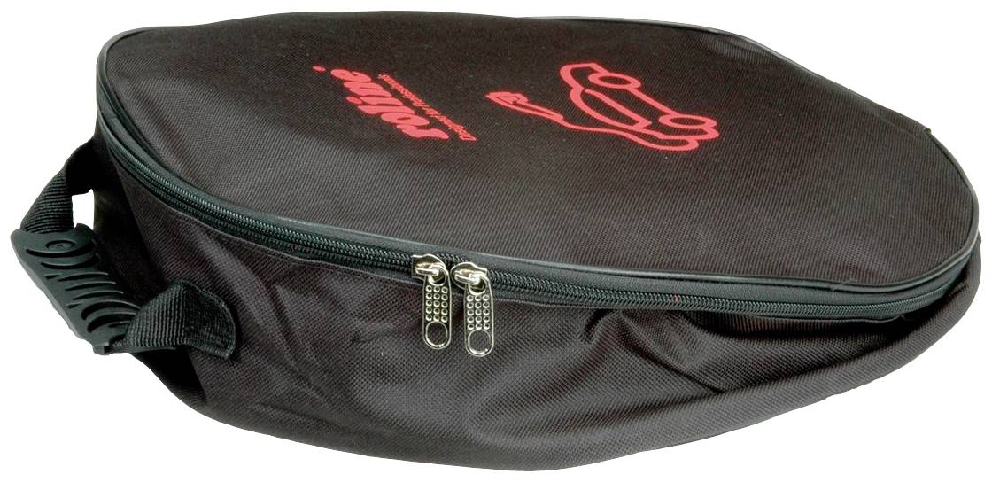 Zwarte tas met rood logo en ritsen, geschikt voor het opbergen van gereedschap of kabels.