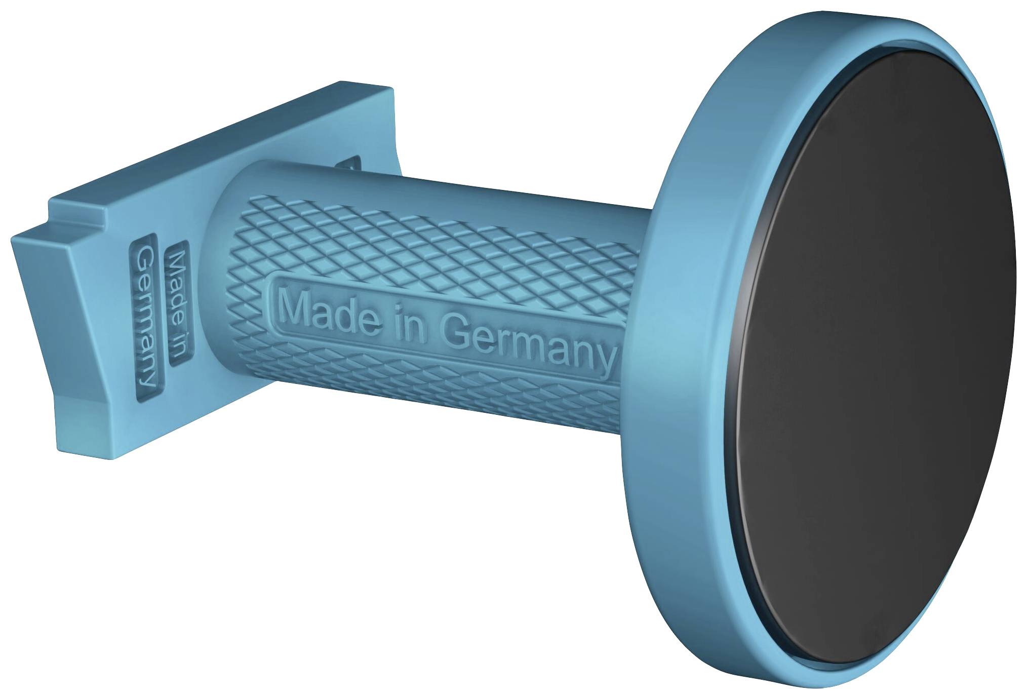 Blauwe stempel met de tekst 'Made in Germany' op de handgreep, zwart rond stempeloppervlak.