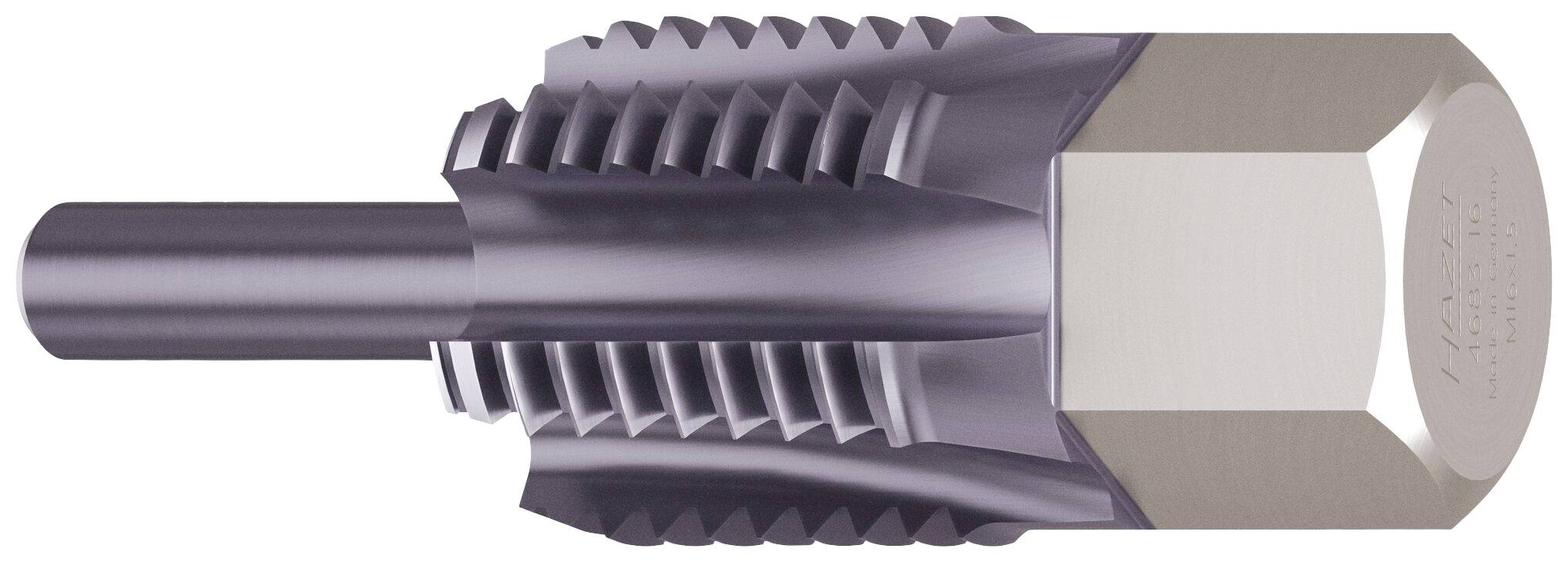 Een metalen draadsnijgereedschap met een cilindrische schacht, scherpe randen en symmetrische groeven voor het vervaardigen van schroefdraad in materialen.