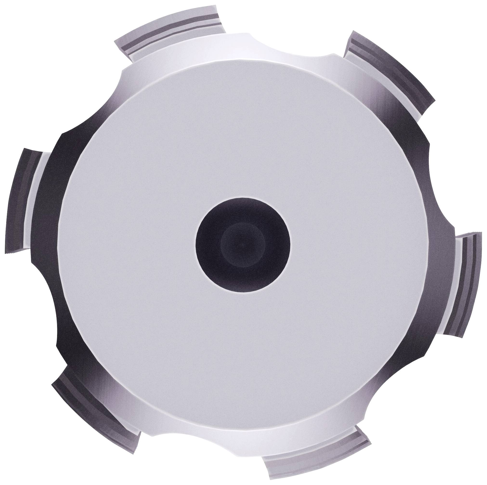 Een ronde cirkelzaag met acht metalen tanden, weergegeven van bovenaf. De zaagblad is zilverkleurig met een donker centrum.