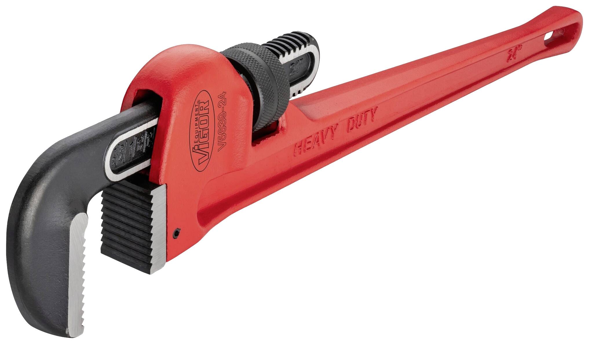 Rode pijptang van metaal met zwarte bekken. Tekst op de tang: 'HEAVY DUTY'. Gereedschap voor loodgieterswerk.