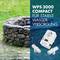 Oude stenen waterbronnen buiten links; rechts stopcontact met tekst 'WPS 3000 Compact voor stabiele watervoorziening'.