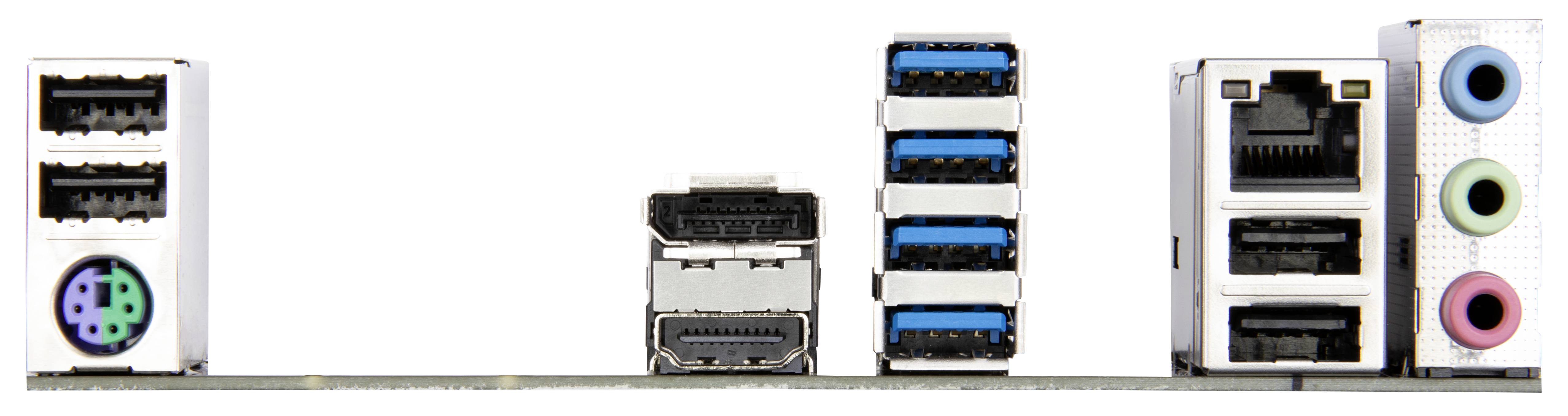 Een computermoederbord met verschillende aansluitingen: USB, HDMI, Ethernet en audio-aansluitingen, gereed voor aansluiting van randapparatuur.