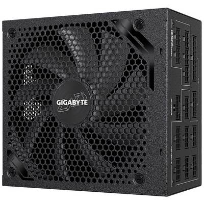 Zwart Gigabyte-voedingsblok met ventilator en meerdere aansluitpoorten, geschikt voor desktop-computerbouw.