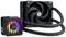 Een CPU-waterkoelsysteem met een zwarte ventilator en een RGB-verlichte koelblok van Enermax, verbonden door twee slangen.