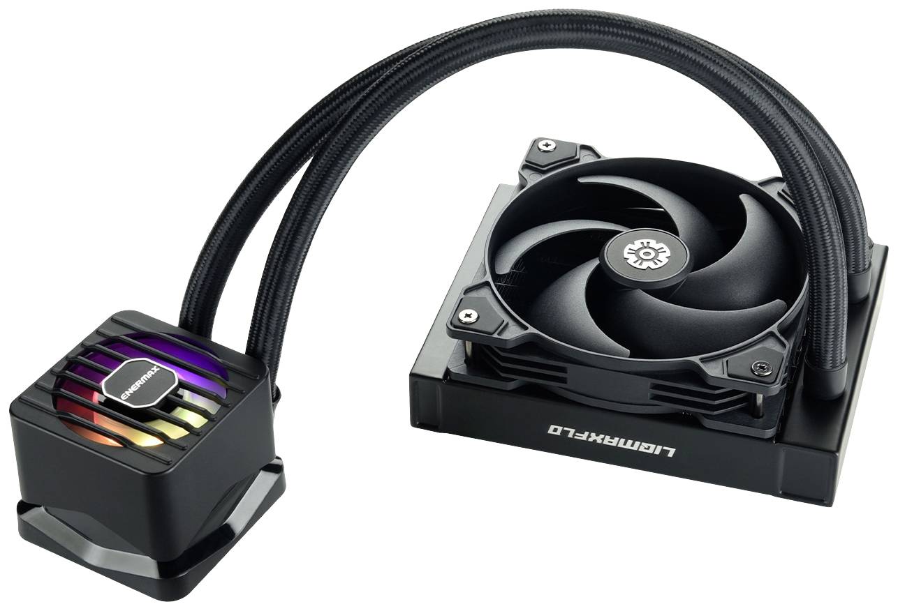 Een pc-waterkoelsysteem, bestaande uit een koellichaam met RGB-verlichting en een ventilator op een radiator met twee slangen.