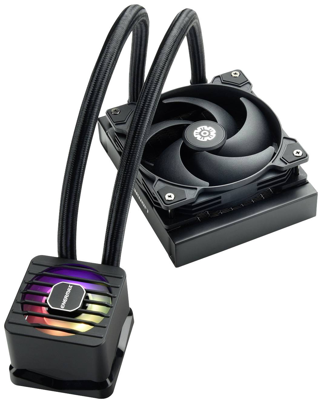 Compacte waterkoeling met zwarte ventilator en RGB-verlichte pompunit. Verbindt de CPU met de ventilator via twee slangen.