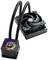 Compacte waterkoeling met zwarte ventilator en RGB-verlichte pompunit. Verbindt de CPU met de ventilator via twee slangen.