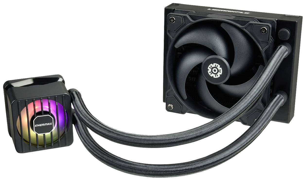 Een zwarte computer-waterkoeling met verlicht pompbehuizing en grote ventilator. Twee slangen verbinden de onderdelen.