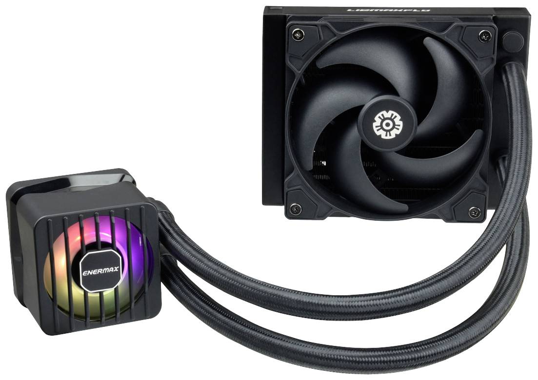 Een pc-waterkoeling met verlicht logo op de koeleenheid en een ventilator. Ideaal voor het koelen van computerprocessoren.