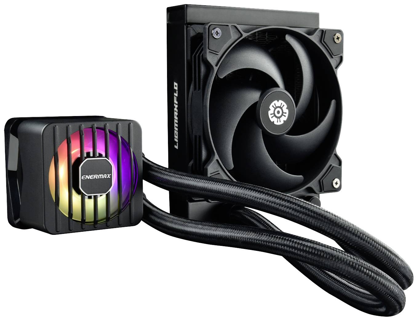 Vloeistofkoeler voor computers, bestaande uit een pomp met Enermax-logo en een verlichte ventilator, verbonden door slangen.