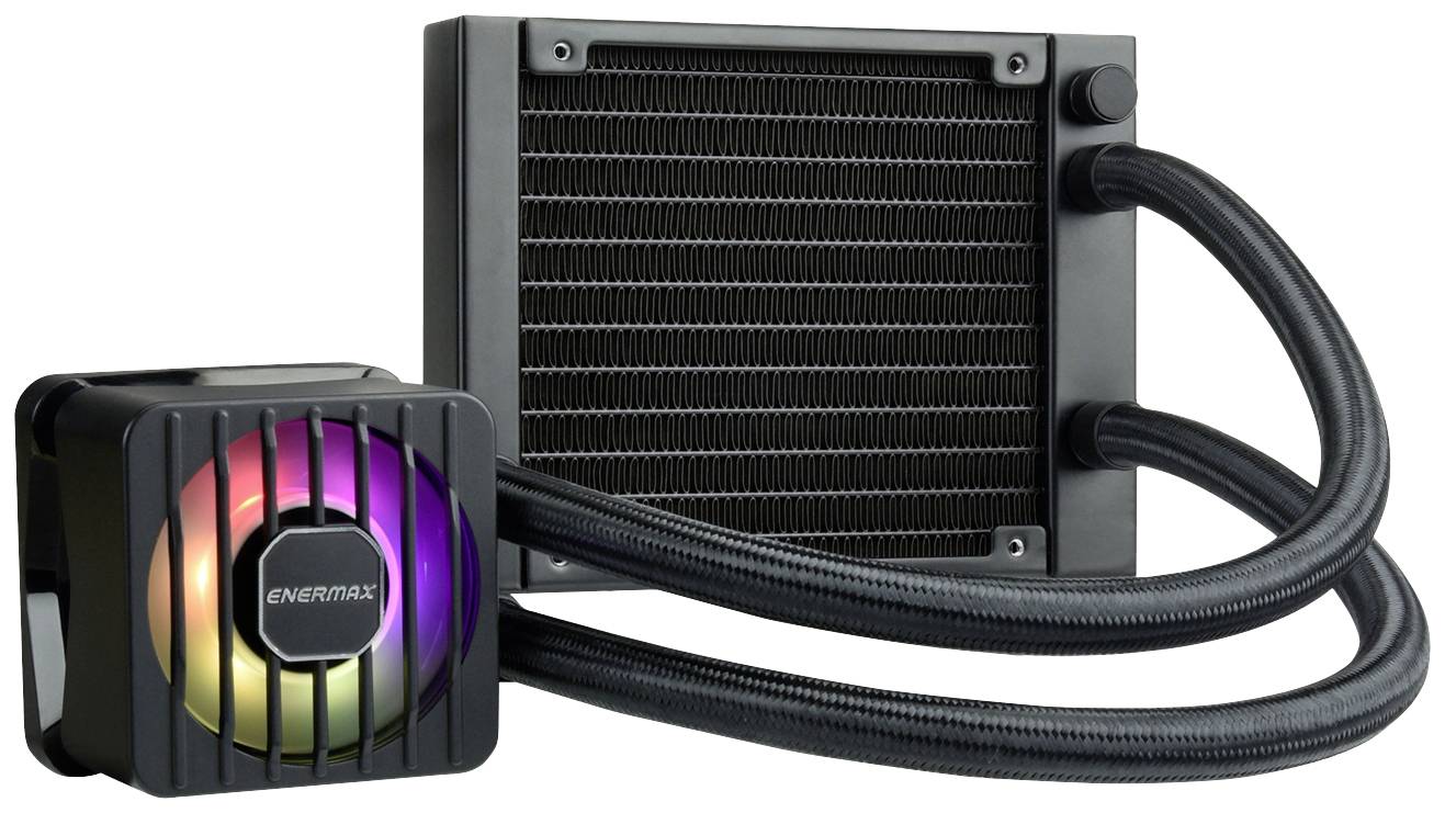 Vloeistofkoelsysteem voor computer met grote radiator en draaiende RGB-verlichte ventilator. Gemarkeerd met 'ENERMAX'.