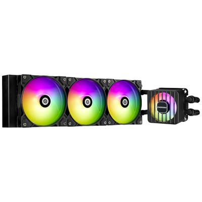 Een computer-waterkoelsysteem met drie RGB-ventilatoren en een pomp rechts, met het 'ENERMAX' logo.