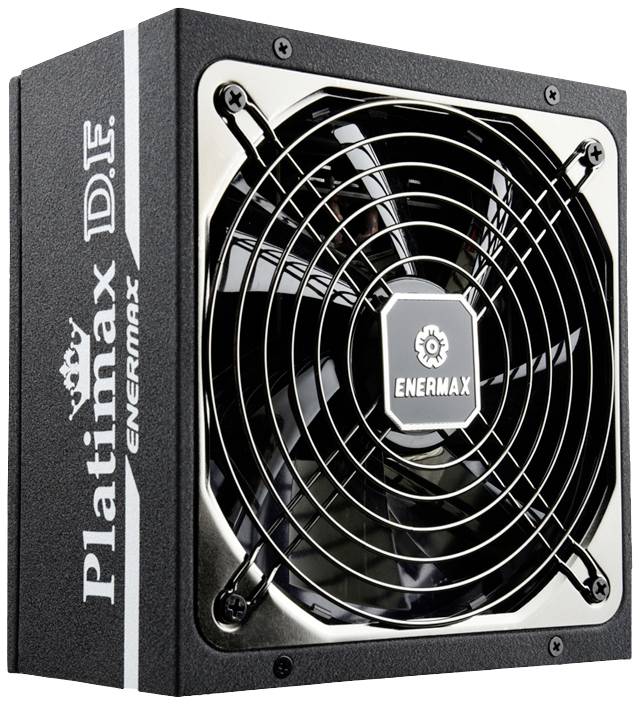 Voeding Enermax Platimax DF met ventilatorrooster, zijdelingse opdruk 'Platimax DF', zwarte behuizing, metalen details.