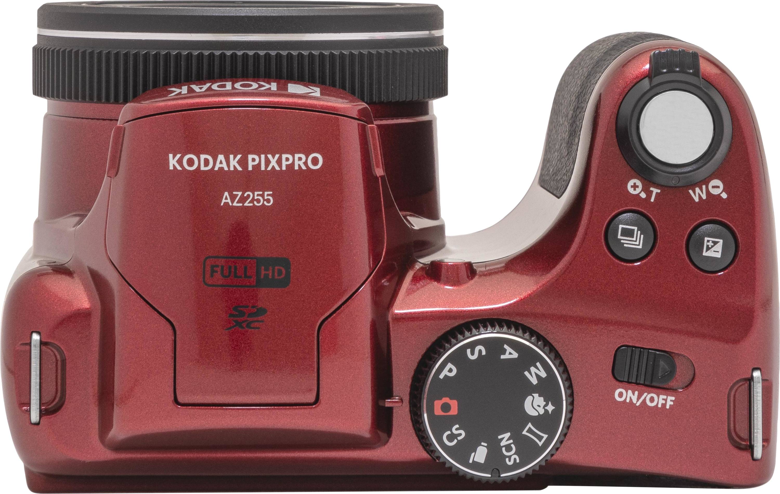 Rode digitale camera van bovenaf gefotografeerd met opschrift 'KODAK PIXPRO AZ255', knoppen voor modusselectie en aan/uit-knop zichtbaar.