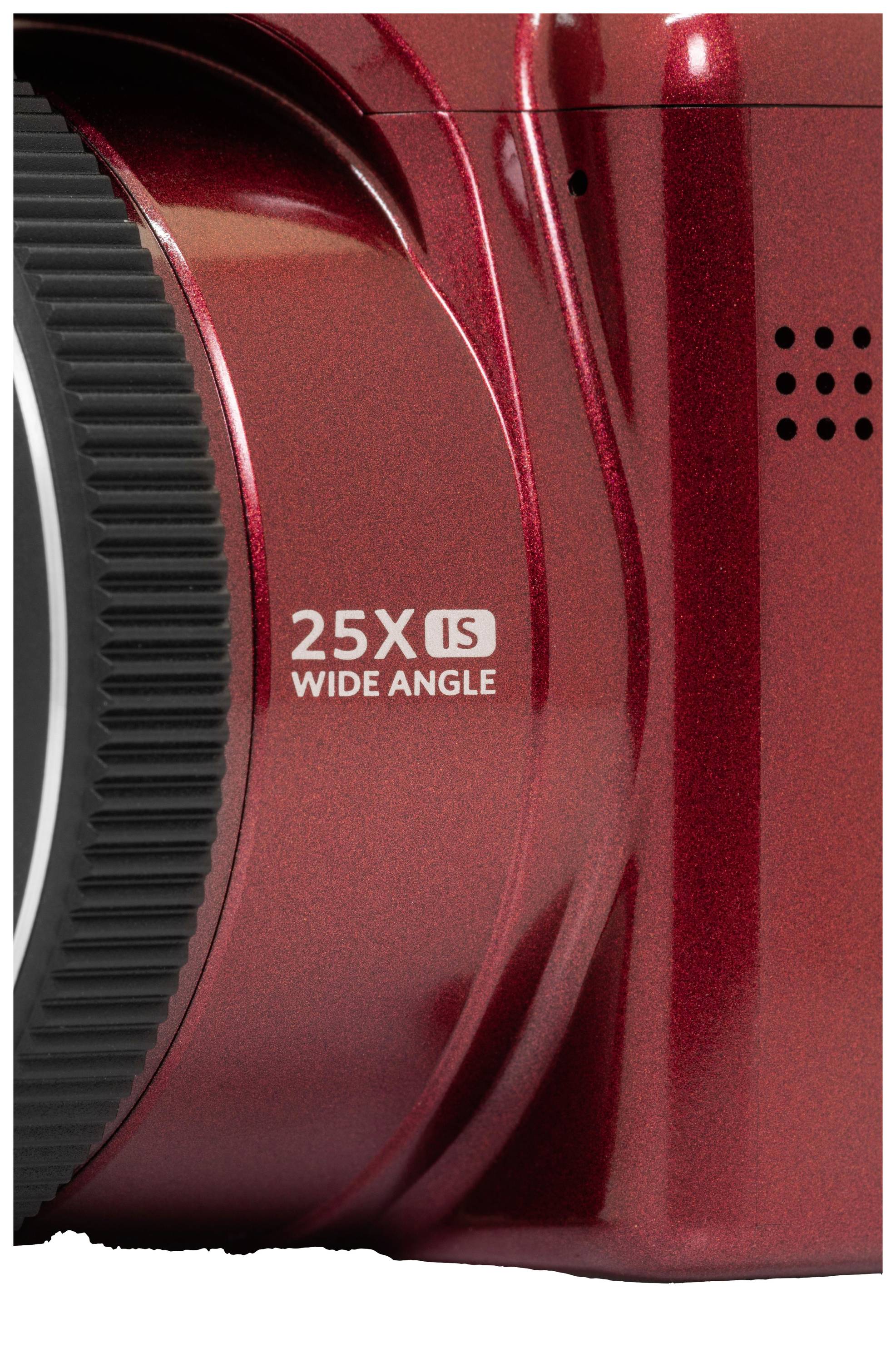 Deel van een rode camera met de tekst '25X IS Wide Angle'.