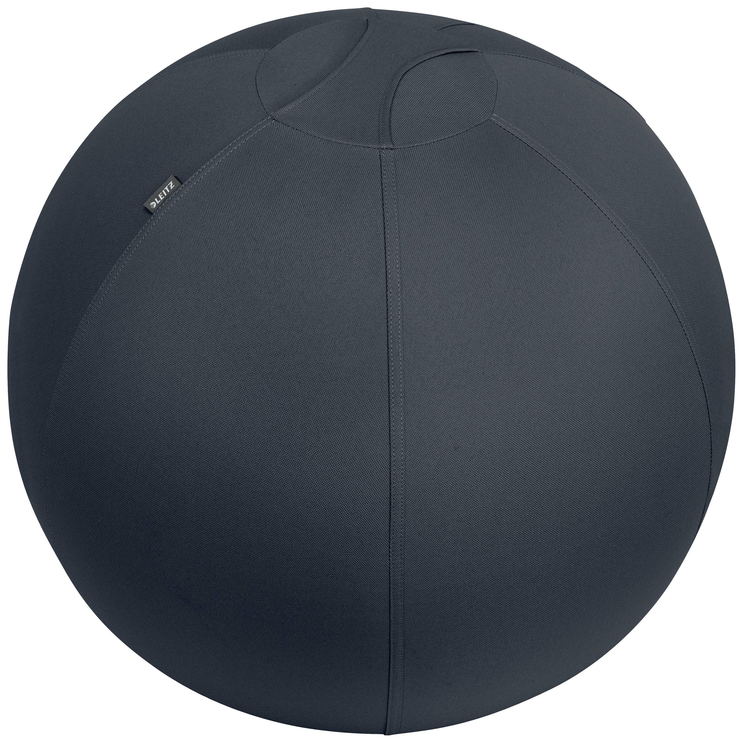 Een grijze stoffen fitnessbal met een gladde oppervlakte en naden, van het merk VLUV, ligt op de grond.