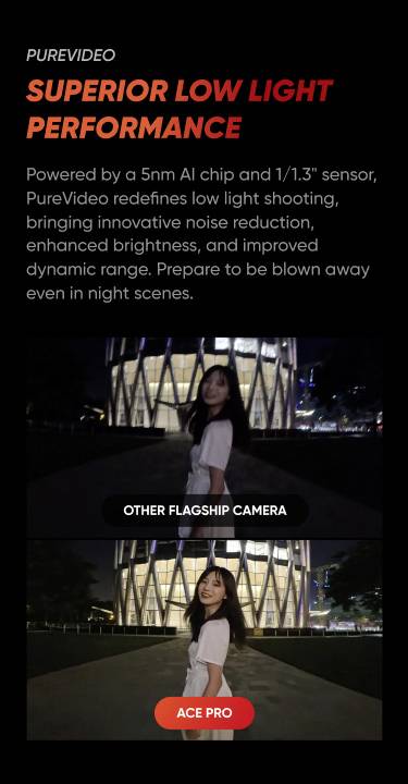 'PureVideo superieure prestaties bij weinig licht', Vrouw voor verlicht gebouw, Vergelijking foto's: 'Andere Toptoestel Camera' en 'Ace Pro'.