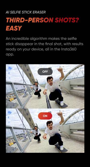 'Twee foto's van een skateboardende man op een brug. Boven: zonder effect, selfie-stick zichtbaar. Onder: effect geactiveerd, selfie-stick onzichtbaar.'