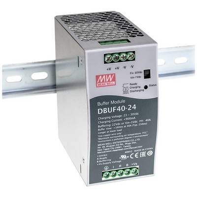 Een grijs buffer-module met het opschrift 'Mean Well DBUF40-24', geïnstalleerd op een metalen rail. Het toont spanning en stroomsterkte.