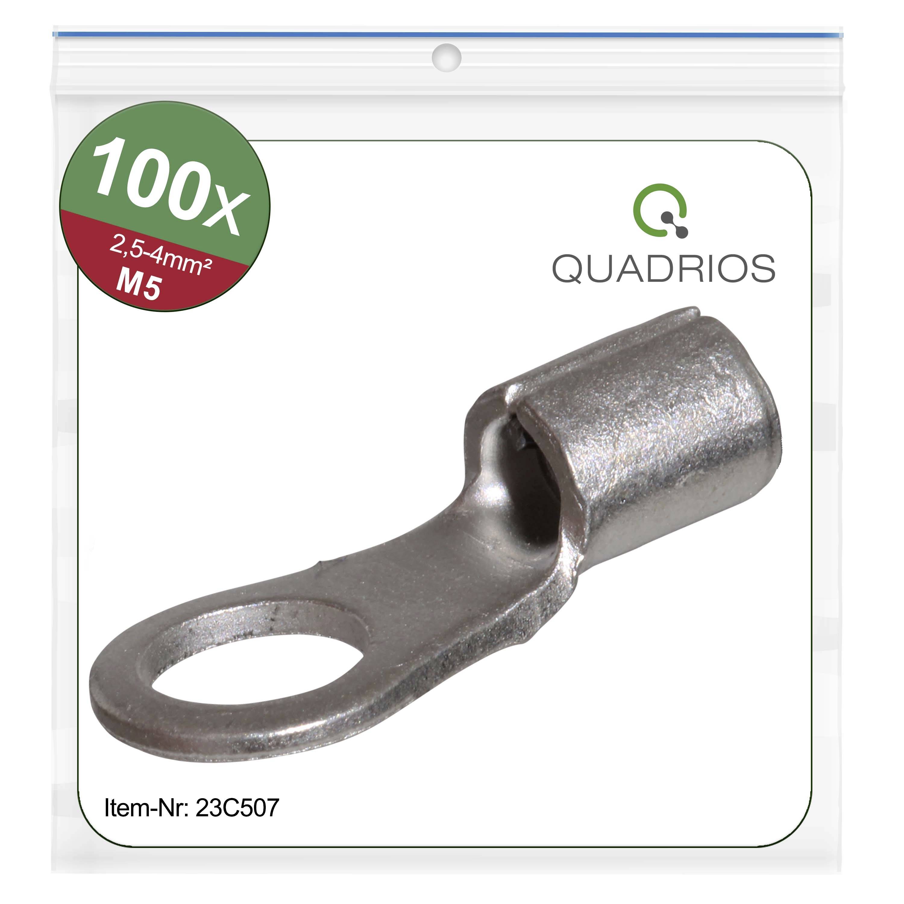 Een metalen kabelschoen voor M5-schroeven, geschikt voor kabeldoorsneden van 2,5-4 mm², verpakt in een zak met de opdruk '100x'.