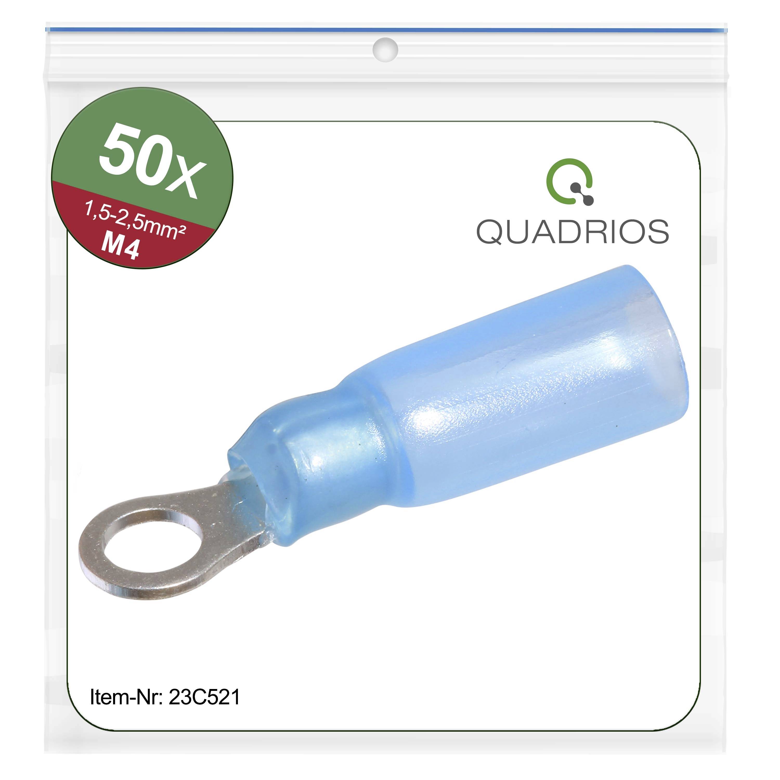 Een plastic verpakking bevat 50 blauwe kabelschoenen voor 1,5–2,5mm² kabels met M4 bevestiging. Merknaam 'QUADRIOS', artikelnummer: 23C521.
