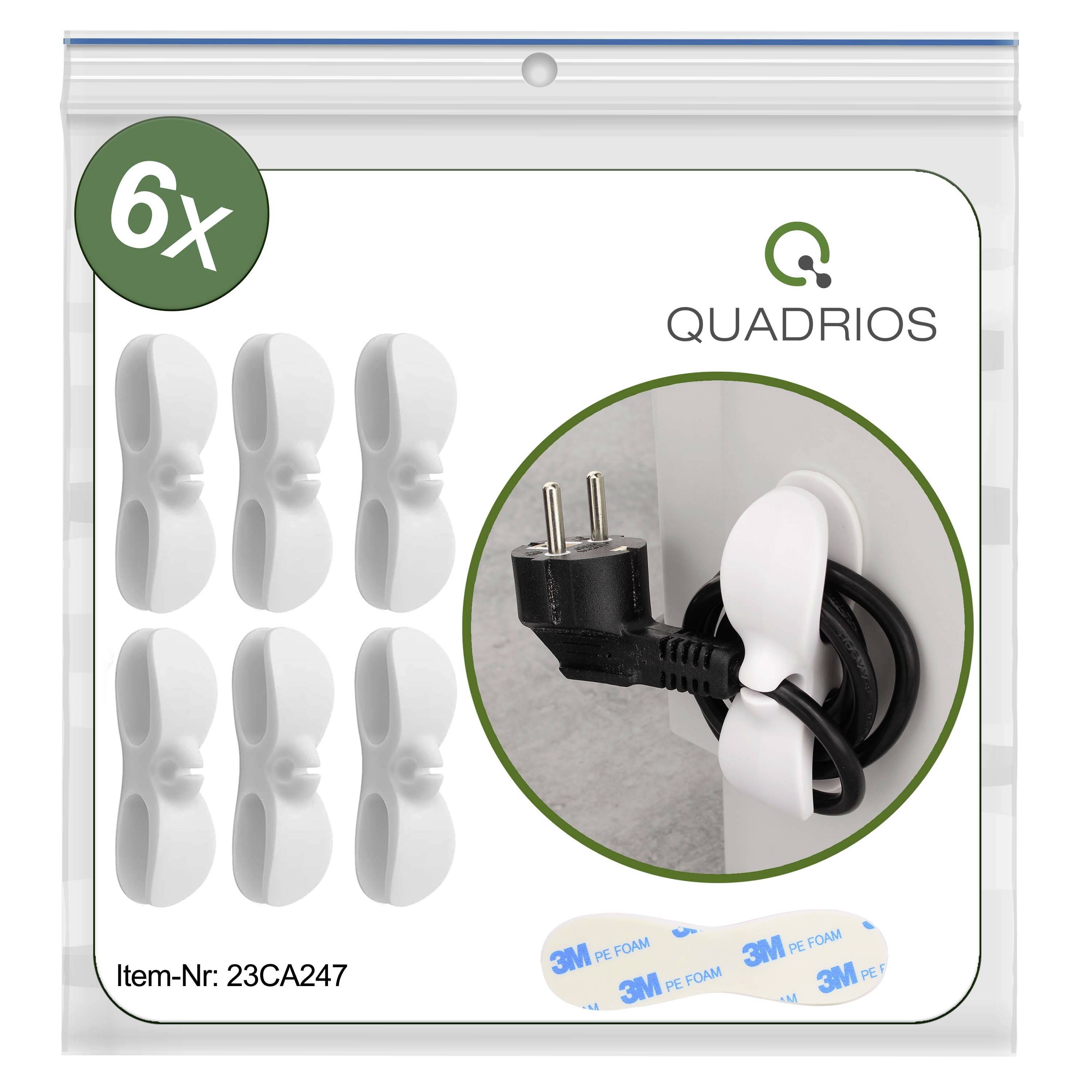 Verpakking met zes witte kabelhouders van Quadrio, toont bevestiging die een kabel aan de muur vastmaakt. Artikelnr.: 23CA247.