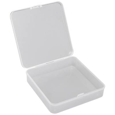 Open, lege, witte, vierkante plastic doos met een transparante deksel.