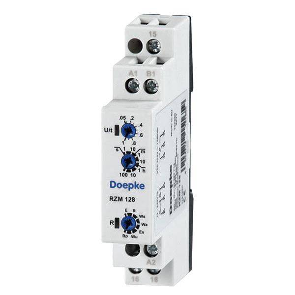 Een elektrische tijdrelais-module, gemerkt met 'Doepke', toont verschillende instelknoppen voor het regelen van vertragingstijden.