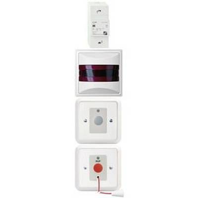 Een set van drie witte elektronische apparaten aan de muur: bovenaan een schakelaar, in het midden een bewegingssensor, onderaan een noodknop.