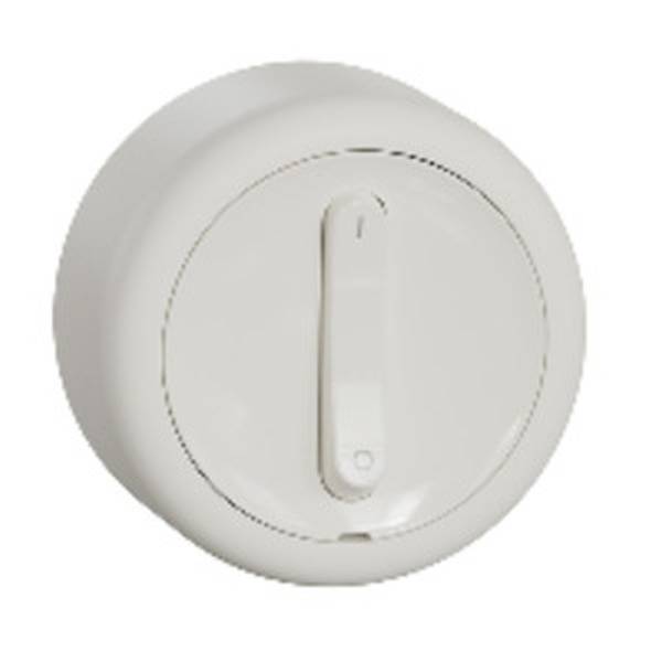 Een witte, ronde draaiknop met een centrale hendel, vaak gebruikt voor het bedienen van apparaten.