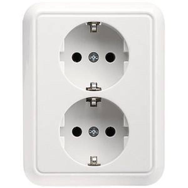 Witte dubbele stopcontactdoos in verticale configuratie.