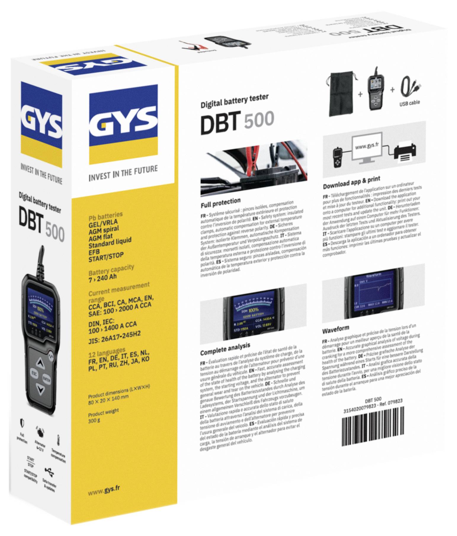 Doosuitvoering voor GYS DBT 500 digitale accutester, met afbeelding van het apparaat, functies, app-/printcompatibiliteit en streepjescode.