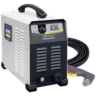 Een draagbaar plasma-snijapparaat met handgreep, model 'EASY CUT K25', toont bedieningselementen en een aangesloten snijbrander.