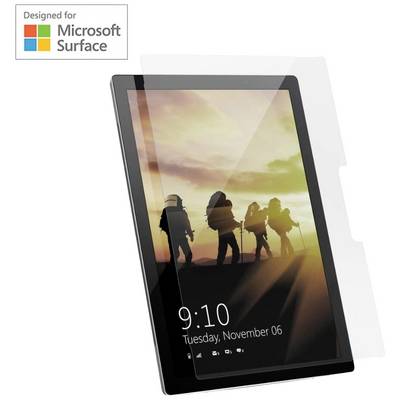 Schermbeschermfolie voor Microsoft Surface, transparant, met afbeelding van wandelaars bij zonsondergang. Tekst op het scherm: 'Dinsdag, november 06, 9:10'.