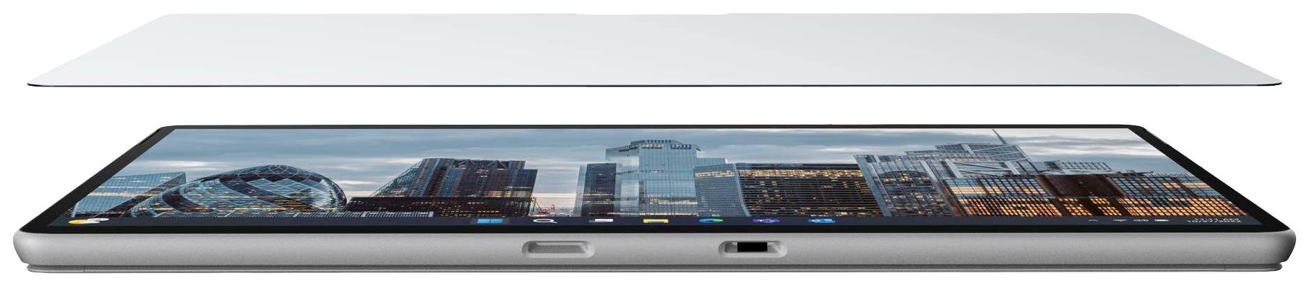 Plat scherm met een weergave van een stedelijke skyline, daarboven een dunne glazen plaat. De aansluitingen bevinden zich aan de onderkante.