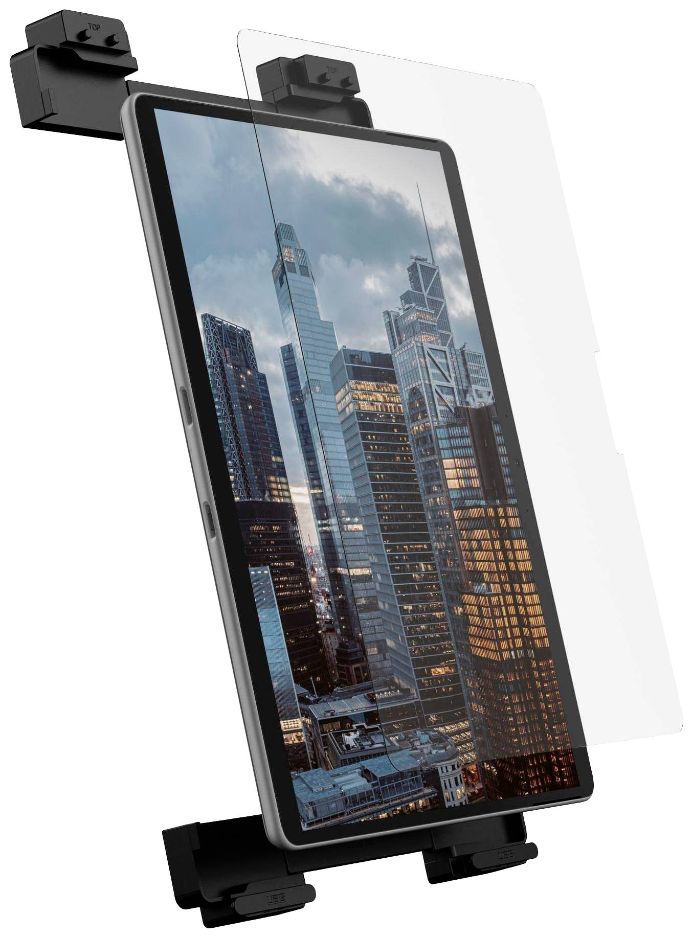 Tablet met weergegeven stadslandschap, gedeeltelijk bedekt met een schermbescherming. Op de achtergrond zijn wolkenkrabbers zichtbaar.