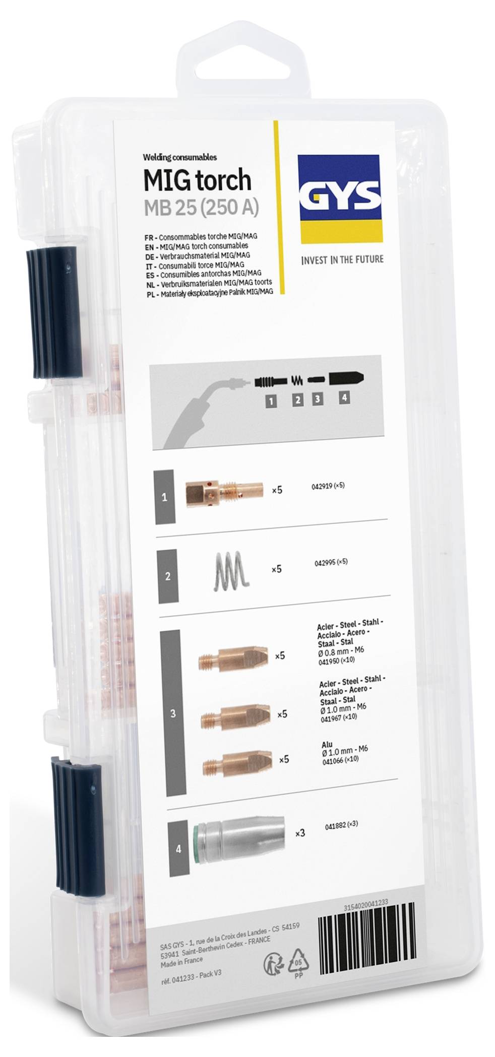 Pakket van GYS MIG-brander MB 25 (250 A) laasverbruiksmaterialen, met gelabelde onderdelen, accessoires en streepjescode op een doorzichtige kunststofkoffer.