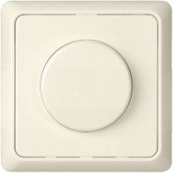 Een beige lichtdimmer met een ronde draaioppervlakte in het midden, gemonteerd op een muur.