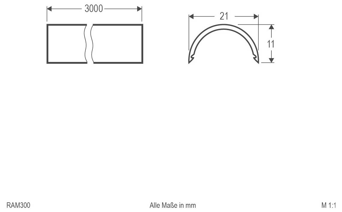 Technisch diagram van een gebogen metaalprofiel met afmetingen in millimeters: 3000 lange platte sectie en dwarsdoorsnede 21 breed bij 11 hoog.