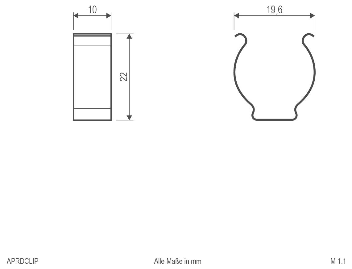 Gedicensioneerde technische tekening van een clipprofielwith zijaanzicht van 10 mm breed en 22 mm hoog, en frontprofiel van 19,6 mm breed; alle afmetingen in mm.