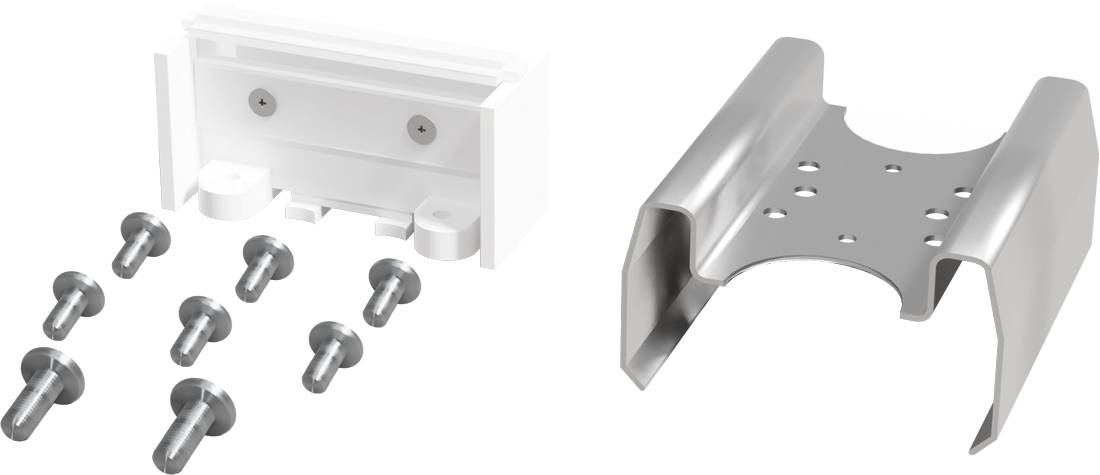 Hardwaremontagekit met een wit wandbeugel en schroeven aan de linkerkant, en een zilveren metalen U-vormige beugel met gaten aan de rechterkant.