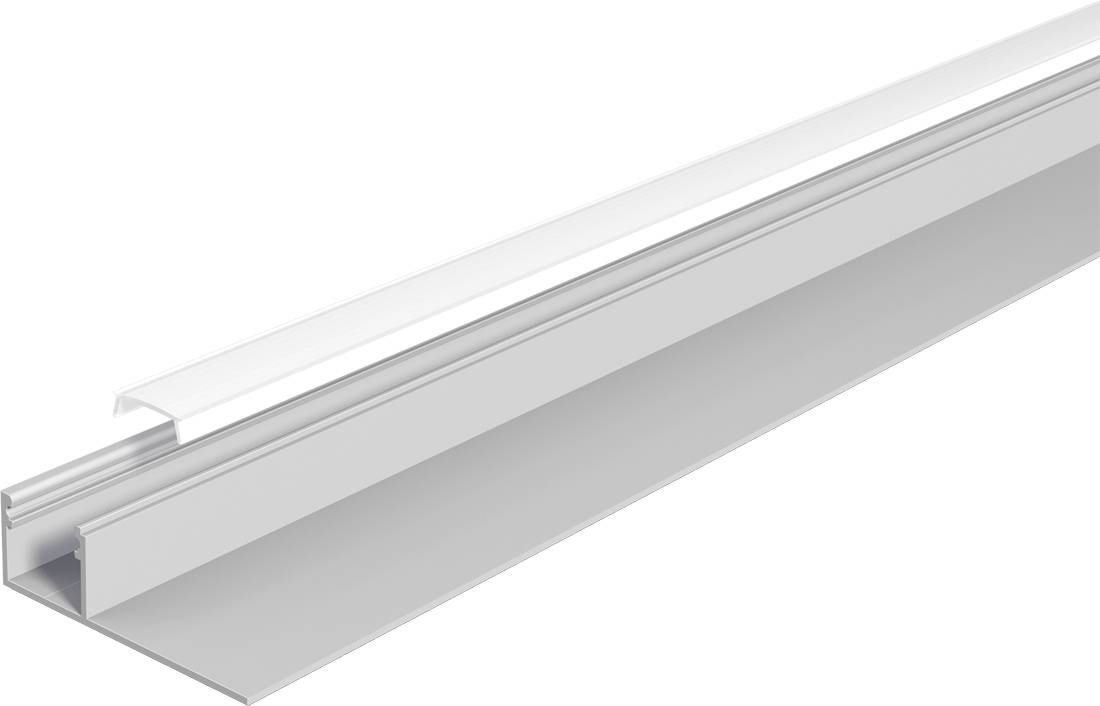 Lange zilveren aluminium kanaal of lineaire lichtarmatuurbehuizing getoond in perspectief op een witte achtergrond.